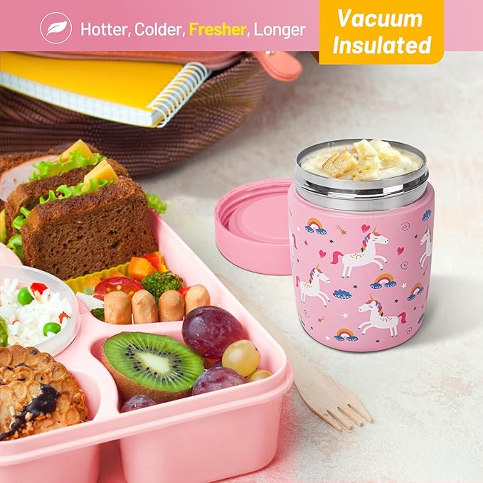 Charcy 9oz Stainless Steel Vacuum Insulated Kids Food Jar - Soup Thermo for Hot & Cold Food - Pink Unicorn W