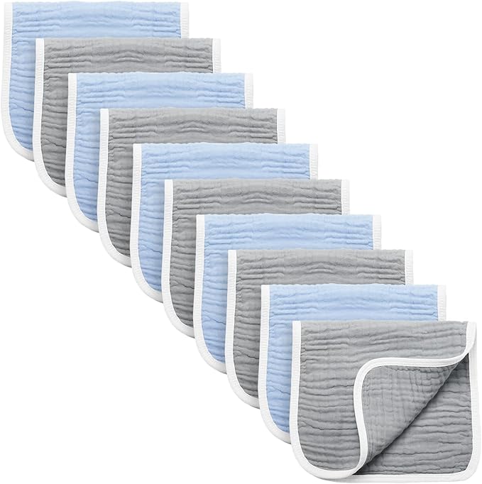 Synrroe Burp Cloths Large, Muslin Burp Cloths for Baby Girls and Boys, Pack of 10 Extra Absorbent and Soft Muslin, 6 Layers 20 by 10 Inches 100% Cotton (Blue-Grey 10 Pack)