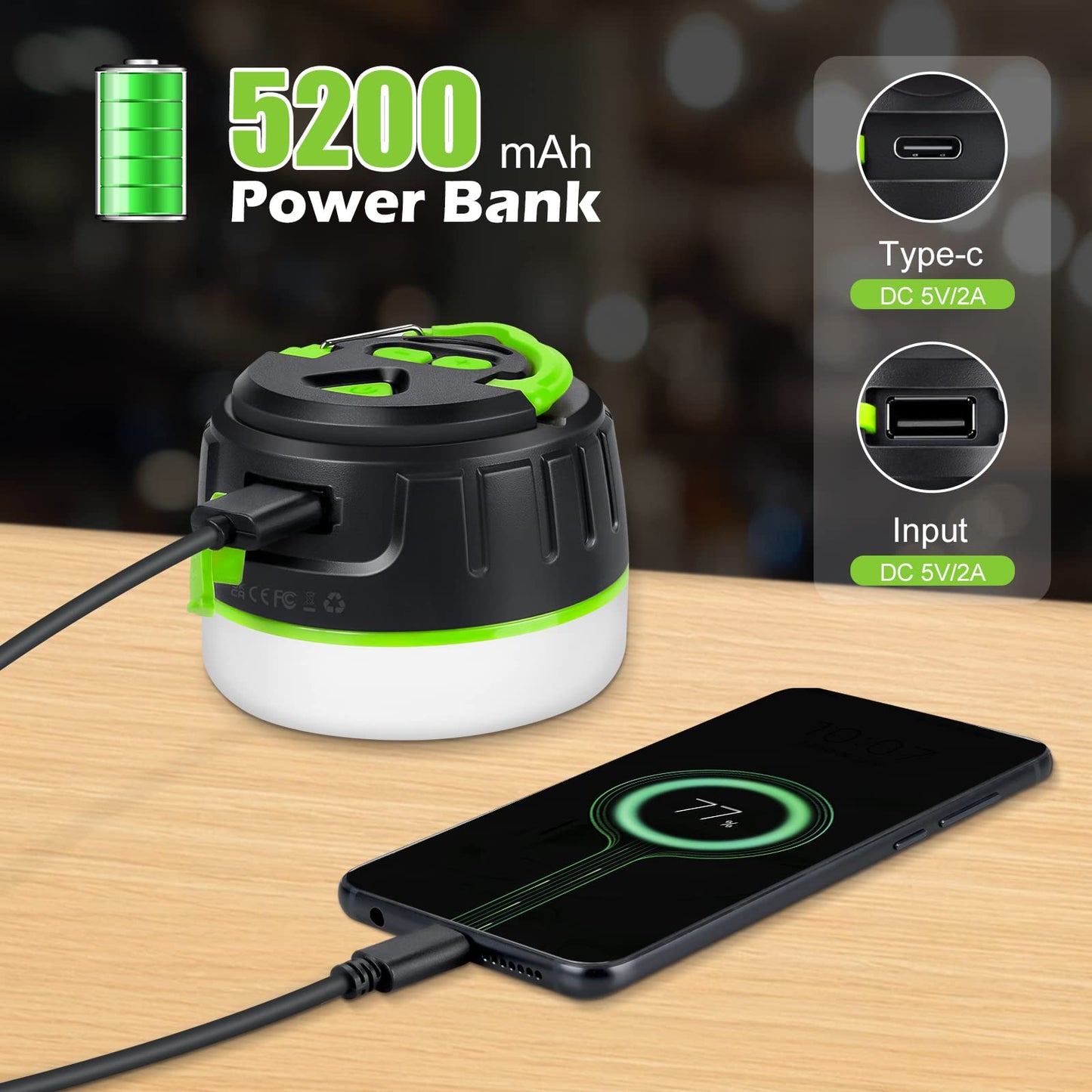 Sinvitron LED Camping Lantern - Rechargeable, 1000LM, 150H Run Time, 5200mAh Power Bank, 5 Light Modes, Black & Green, Model C5