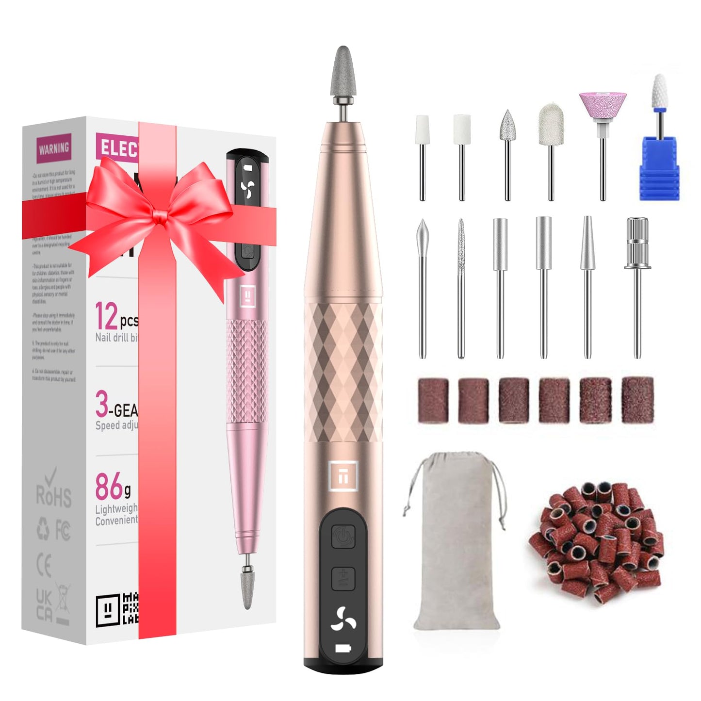 Mfish Professional Nail Drill Kit, Electric Nail File for Acrylic/Gel Nails,12 Bits, Adjustable Speeds, Portable Cordless Electr