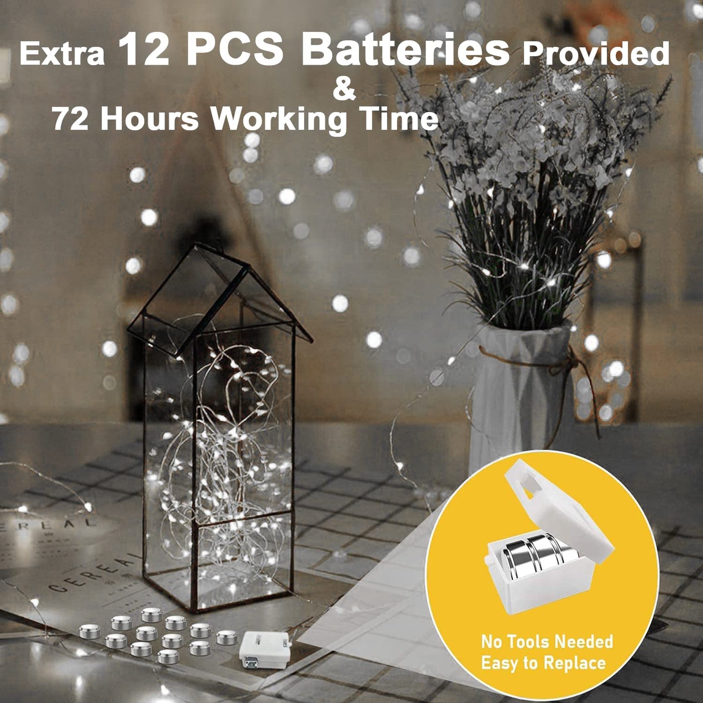 Merfino 12 Pack Battery Operated Fairy Lights, 20 LED, 7Ft, Waterproof Silver Wire, 3 Speed Modes, White, Model ZLDC01#