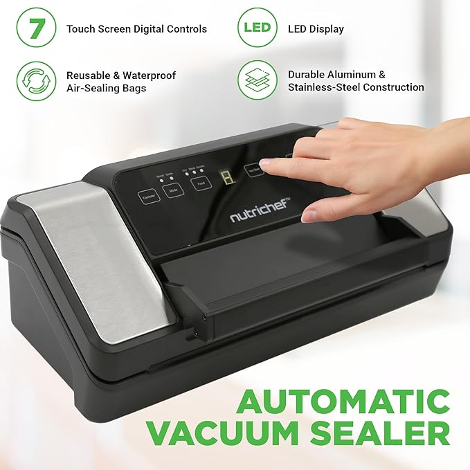 Nutrichef Automatic Food Vacuum Sealer with Double Sealing Function, Electric Air Sealing System for Dry, Liquid & Moist Foods, Reduces Food Waste, Preserve Freshness of Proteins, Fruits, Vegetables