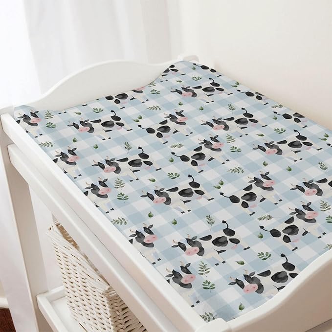 Cow Boho Leaves Changing Pad Covers Spring Farm Animals Leaves Changing Pad Cover Sheets for Boy Girl Cow Plaids Soft Breathable Stretchy Baby Diaper Changing Table Mat Cover 32''x16''