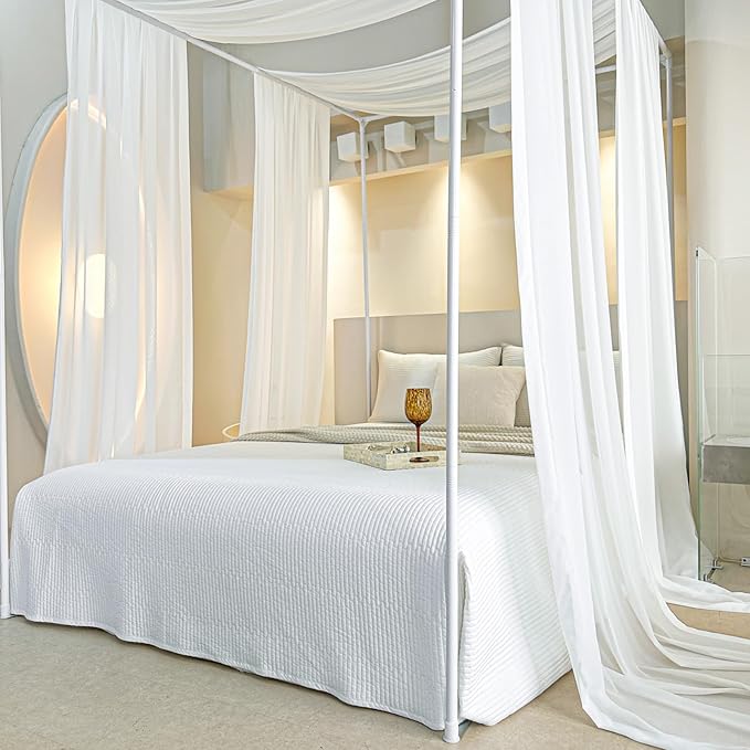 AIKASY White Bed Canopy Scarf for Full/Queen - Luxury Sheer Canopy Bed Curtains with Light - Suitable for Four-Poster Bed, Metal Bed Frame, Wood Bed Frame -2pic