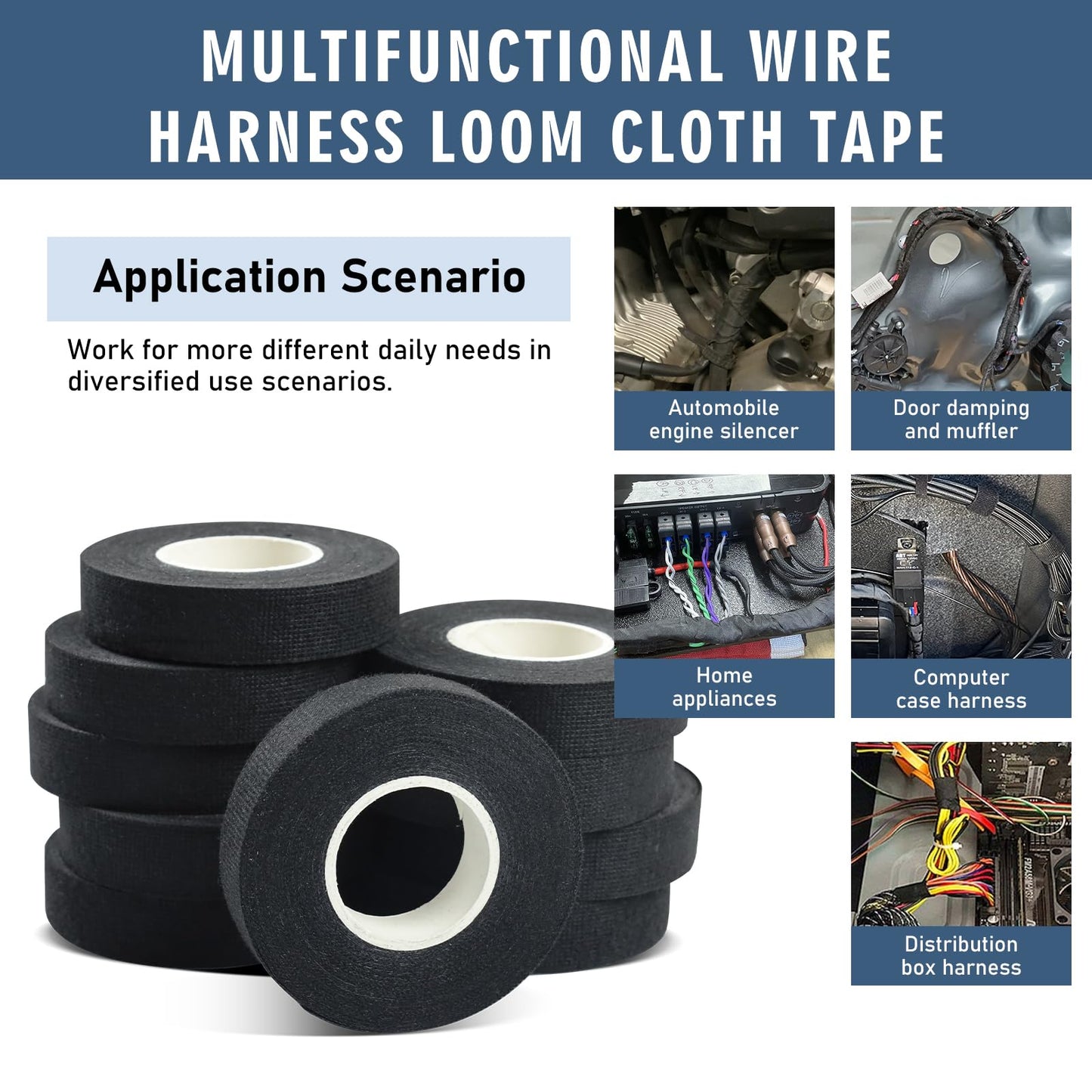 SMTAPESPRO Wire Harness Tape,High Temp Self-Adhesive Felt Cloth Electric Tape for Engine Bay Wire Loom, Noise Reduction & Protection, 3/4 inch x 50 FT, 10 Rolls