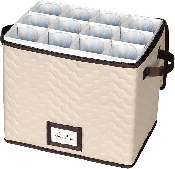 Wine Glass Storage Box with Dividers - Stemware Storage Case, Durable Quilted Microfiber Bin with Carry Handles, Protects Fine China - Durable Quilted Microfiber Bin with Carry Handles (1 Pack, Champagne Flute)