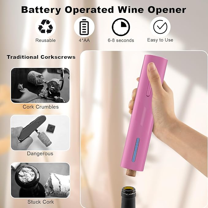 COKUNST Electric Wine Opener, One-Touch Automatic, Battery Powered, Pink