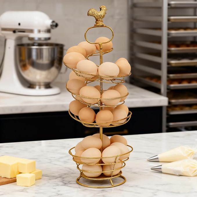 Vintage White Metal Spiral Egg Holder - Farmhouse Distressed Decor Egg Skelter Rack with Rooster Top, Storage Display Rack for Kitchen Countertop Decor (Gold)