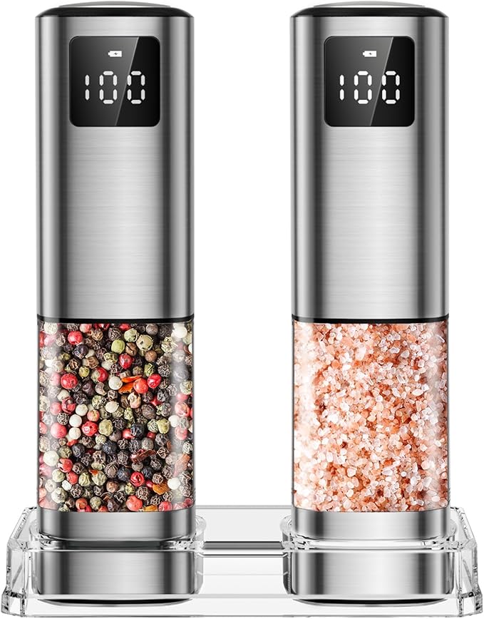 Upgraded Larger Capacity Electric Salt and Pepper Grinder Set Rechargeable with Digital Display, Light & Ceramic Core, Adjustable Coarseness, Stainless Steel Material 2 PACK