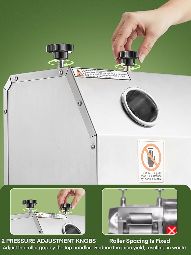FOHERE Commercial Sugarcane Juicer, 110LBS/H High Output Sugar Cane Press with 3 Stainless Steel Rollers, 2.4" Large Inlet, Manual Sugarcane Juice Extractor Squeezer for Home/Commercial Use