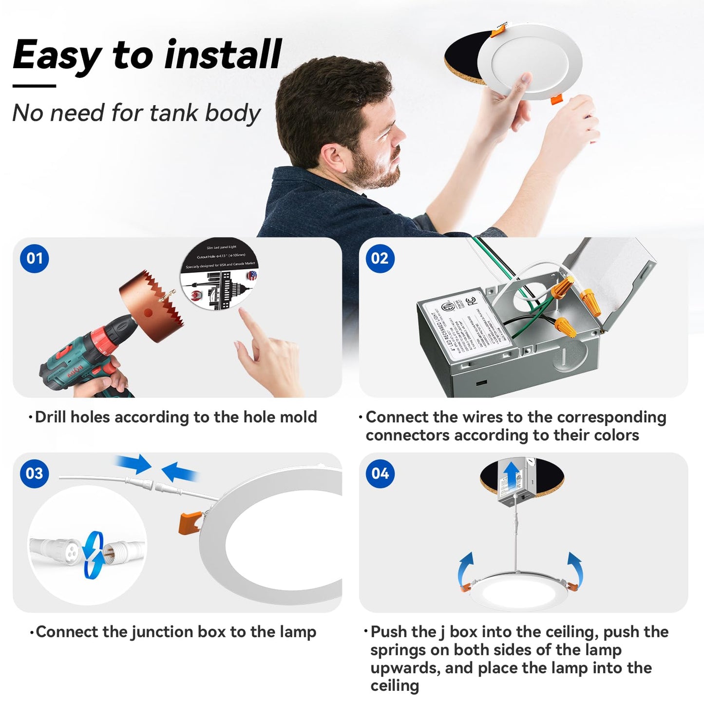 CHARKEE 24 Pack 4 Inch 5CCT Ultra-Thin LED Recessed Ceiling Light with Junction Box, 2700K/3000K/3500K/4000K/5000K, 750LM, 9W Equivalent to110W, Dimmable Canless Downlights, ETL & Energy Star & FCC
