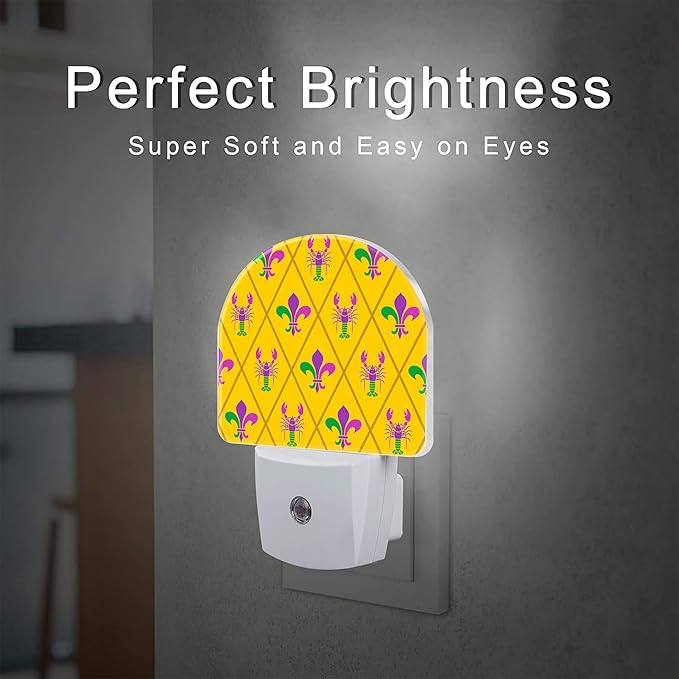 Mardi Gras Carnival Design Night Light, Crayfish and Fleur De Lis Dusk to Dawn Night Light Plug in, 0.5w Energy Saving Sleep Friendly Nightlights for Kids Boys Girls Home Decor