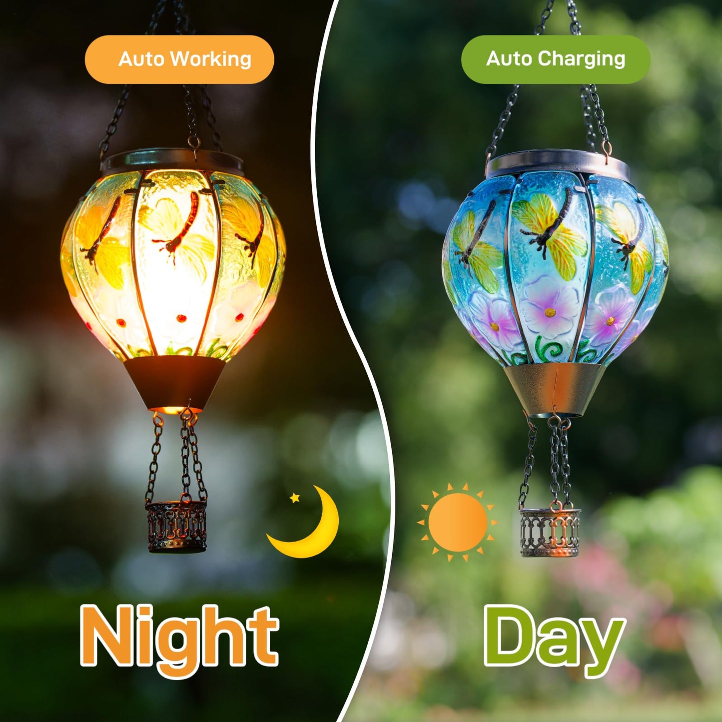 Dreamskip 2 Pack Dragonfly Hot Air Balloon Solar Lantern Outdoor Waterproof  Glass Balloon Lanterns For Outside  Decorative Hanging Solar Lights Patio Garden Yard Gift For Women Moms