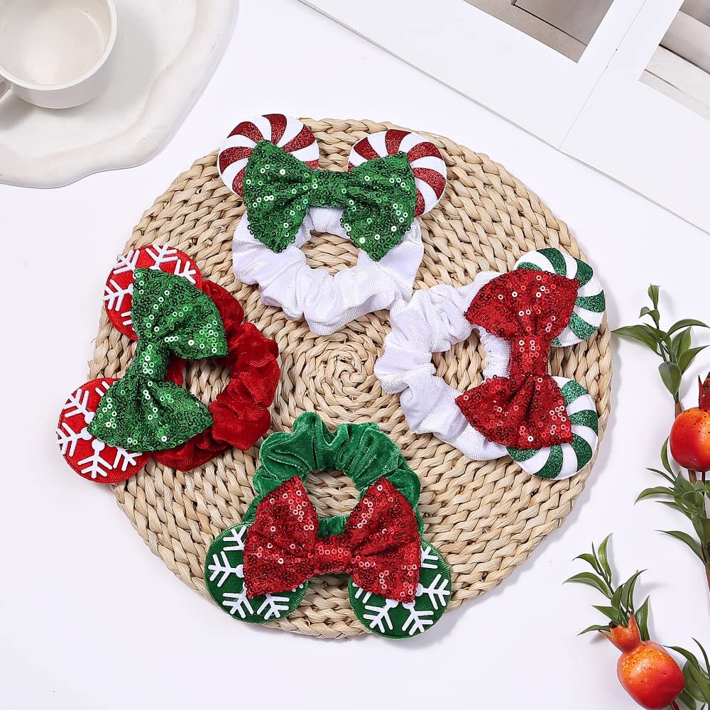 JIAHANG Christmas Velvet Mouse Ear Hair Scrunchies Lollipop Sequins Bow Ponytail Holder Festival Costume Hair Accessories for Wo