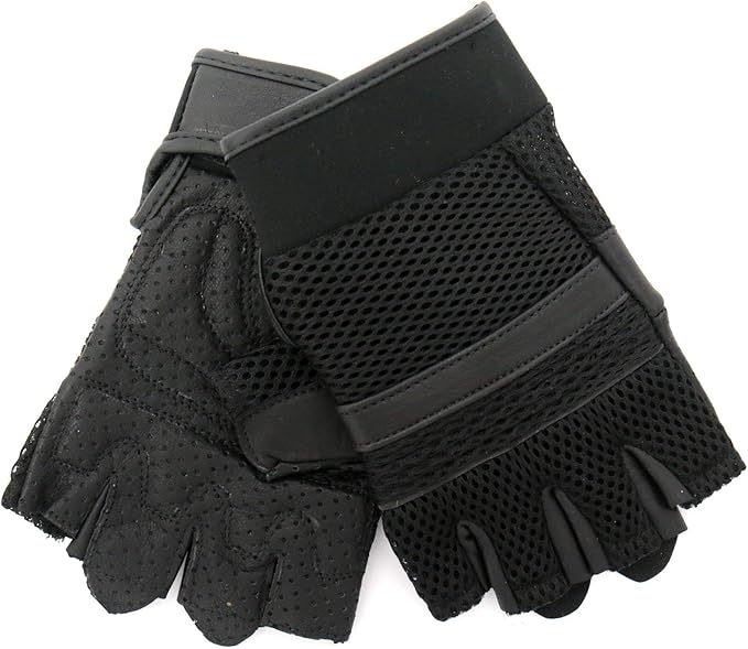 Hot Leathers GVM1026 Mens Black Leather and Mesh Fingerless Gloves-Black-3XL