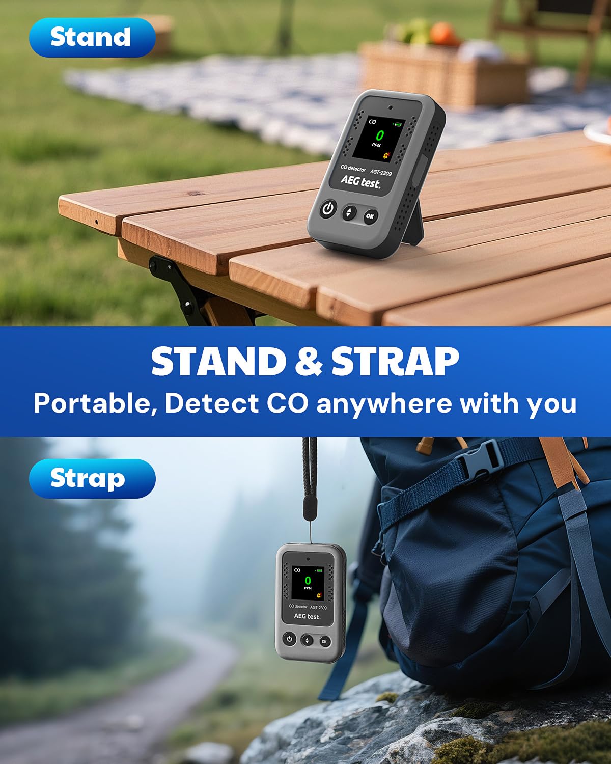 AEGTEST AGT-2309 Portable Carbon Monoxide Detector, 15-Day Standby, Rechargeable Mini CO Monitor with Lanyard for Travel & Camping, Handheld CO Meter with Audible & Visual Alerts, 0-1000ppm - Gray