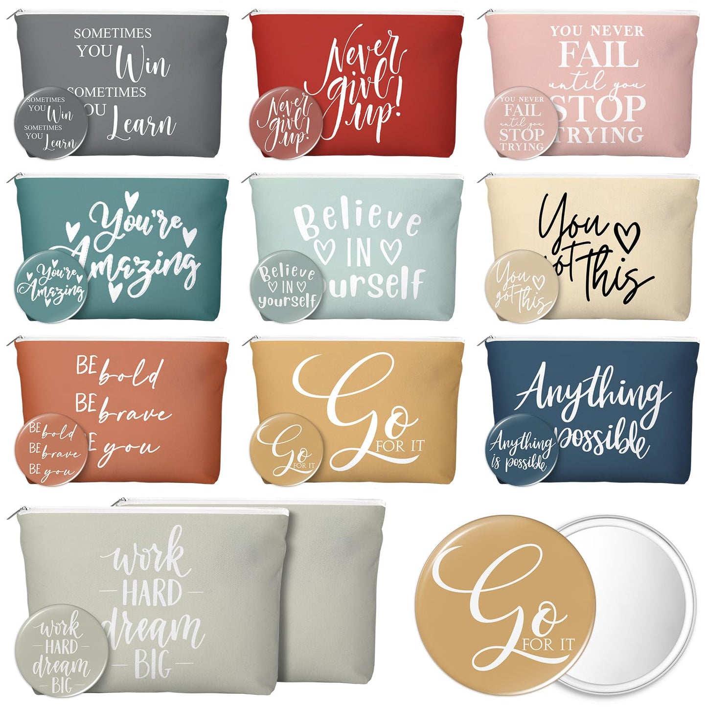 Vercraft 20 Pcs Employee Appreciation Gifts 10 Inspirational Canvas Makeup Bags 10 Compact Mirrors Bulk Cosmetic Bags Round Port