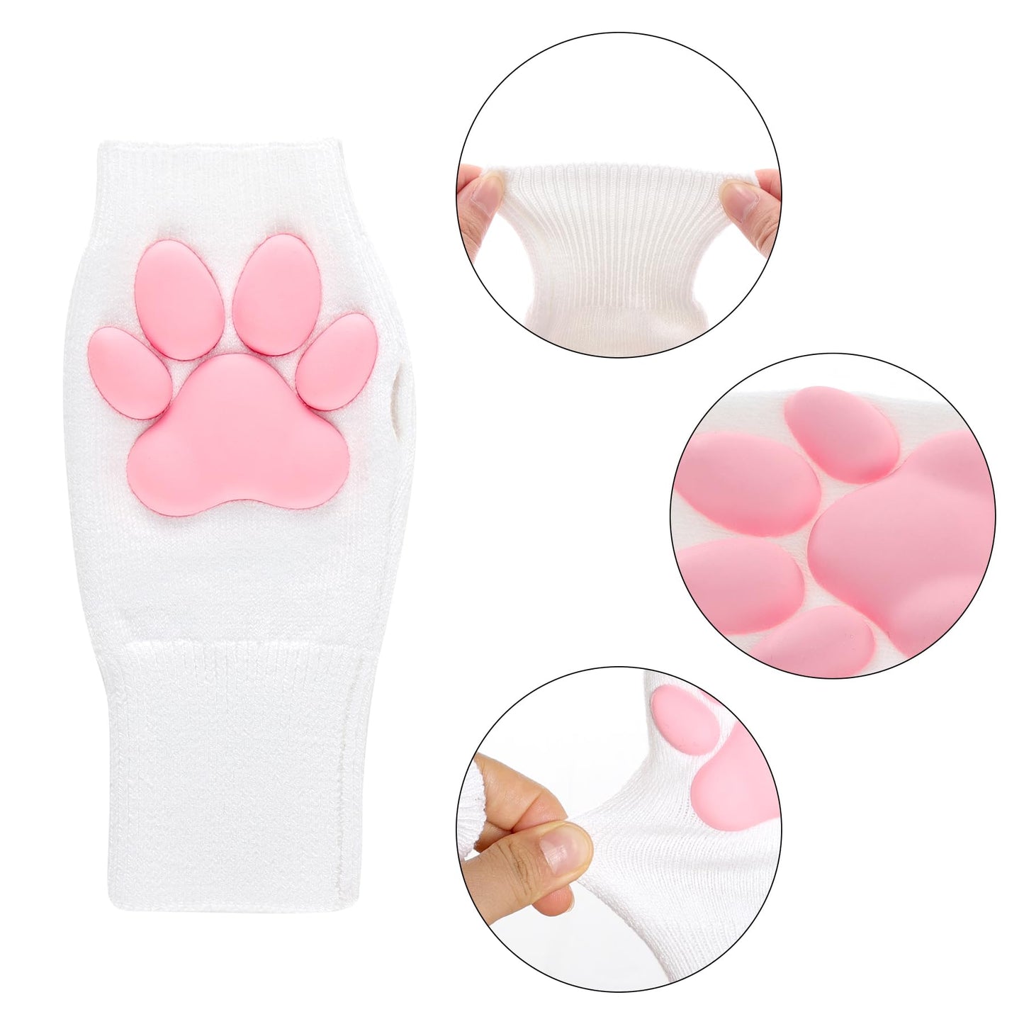 Nydotd Cat Paw Pad Mittens Gloves Kawaii Pink 3D Claw Fingerless Cute Cat Cosplay Gloves Sleeve for Girls Party (White, Short)