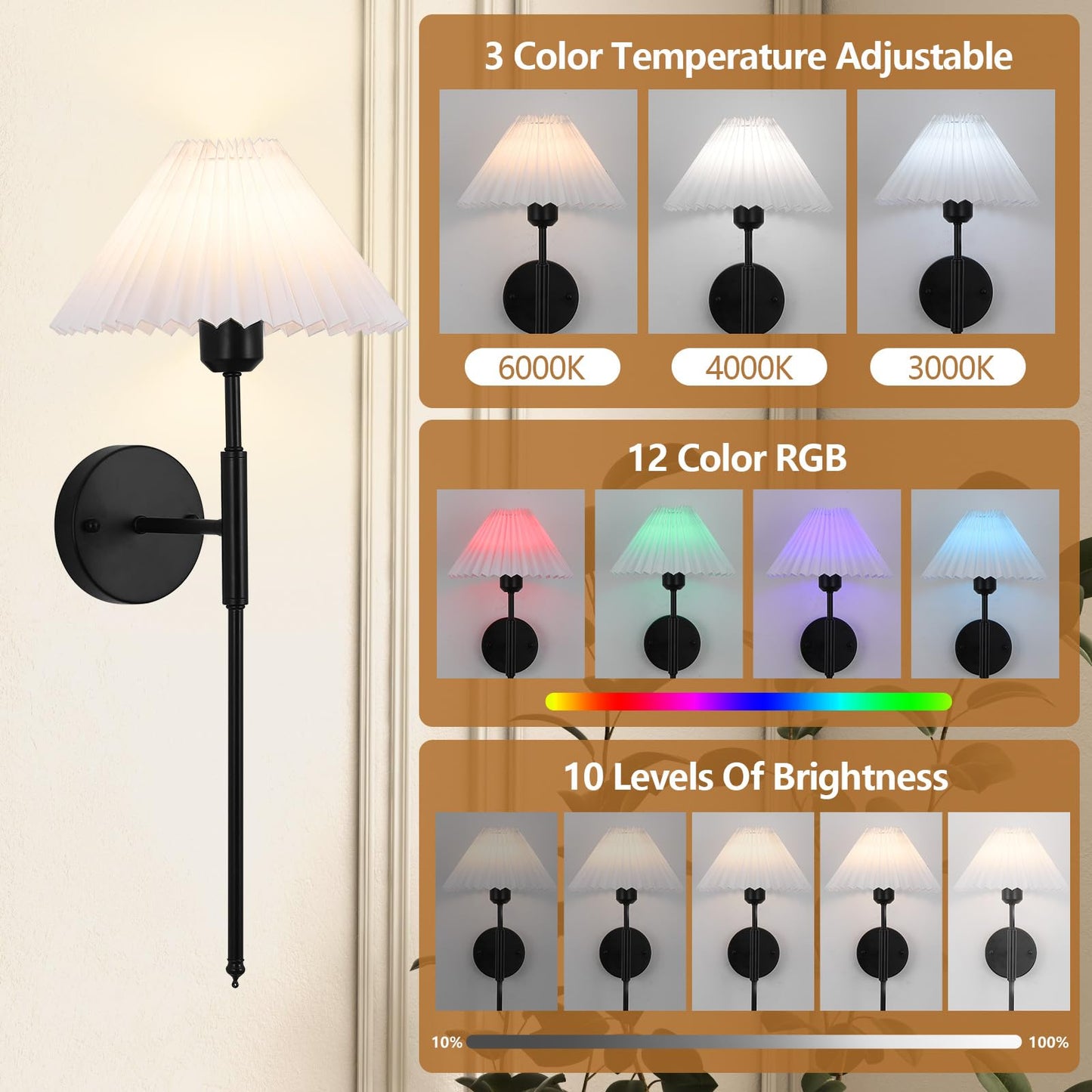 XIGUCUCN Battery Operated Wall Sconces Set of Two, Remote Control, Dimmable, 15 Color Changing, Black, Model XG-WL06BK