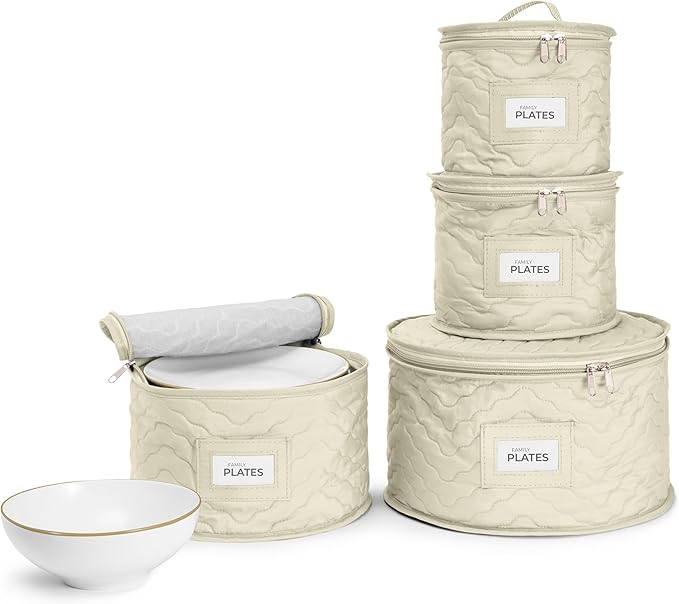 Sorbus China Storage Containers - Quilted Dish Storage Containers for Organizing, Moving Supplies, Party - 4 Stackable Plate Carrier Set for Dinnerware, Plate Organizer with Felt Plate Protector