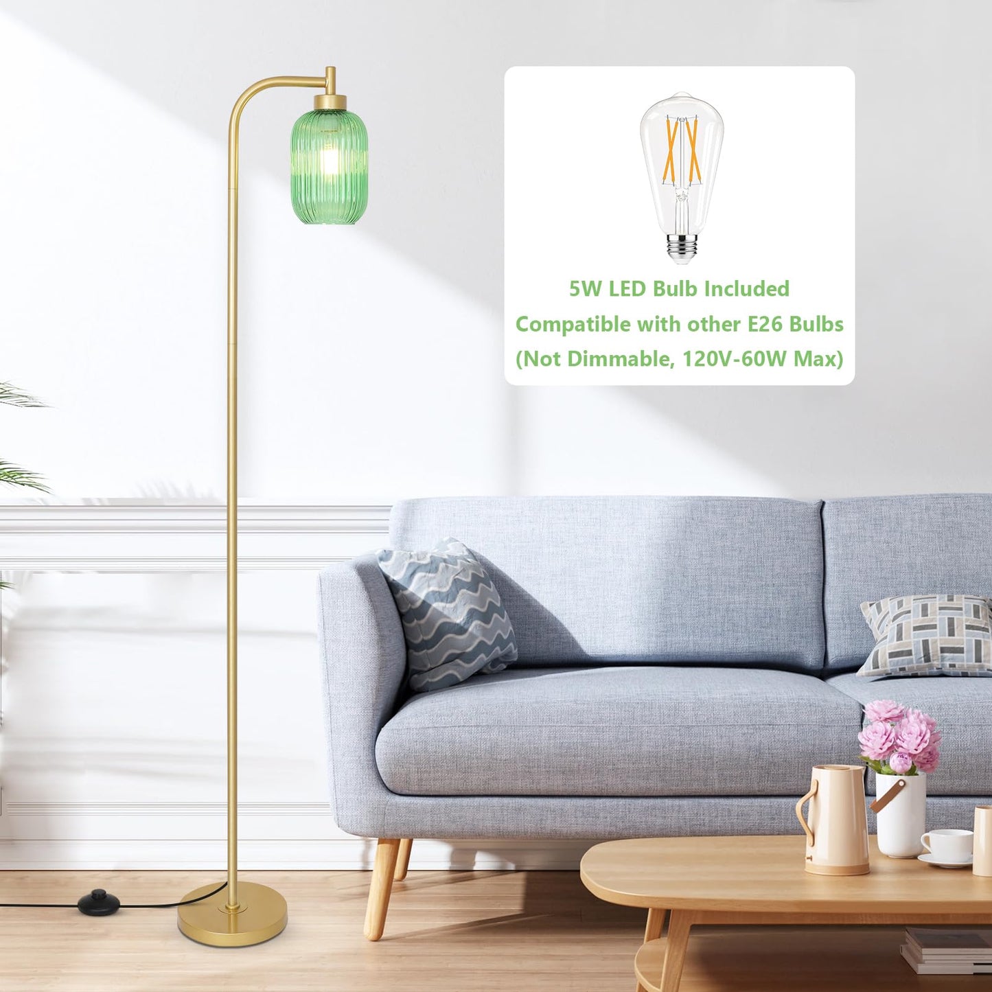 LAMSU Glass Floor Lamp - Modern Gold Standing Lamp with Green Stripe Glass Shade, Foot Switch, Vintage Brass, Model 250407A1
