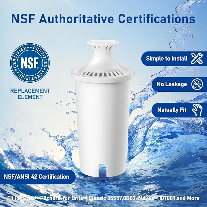 Replacement for Brita®Water Filter, NSF Certified Water Filter Pitchers Cartridges for Brita® Classic 35557, Ob03, Mavea® 107007, Lasts Two Months or 40 Gallons,Pack of 4