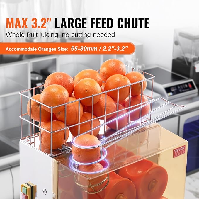 VEVOR Commercial Orange Juicer Machine, 120W Automatic Juice Extractor with Water Tap, Stainless Steel Orange Squeezer 20 Oranges/Minute, with Pull-Out Filter Box, PC Cover, 2 Peel Collecting Buckets