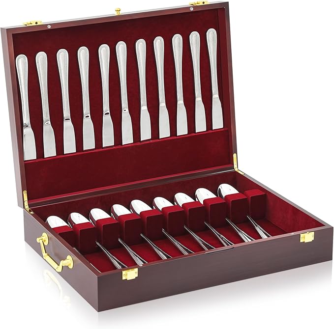 Novabright Wooden Silverware Storage Box with Lid, Christmas Flatware Organizer with Handle Felt Lined,15.3 x 11.4 Large Elegant Silverware Chest Case for Flatware Utensils Home Decor Gift(1 Layer)