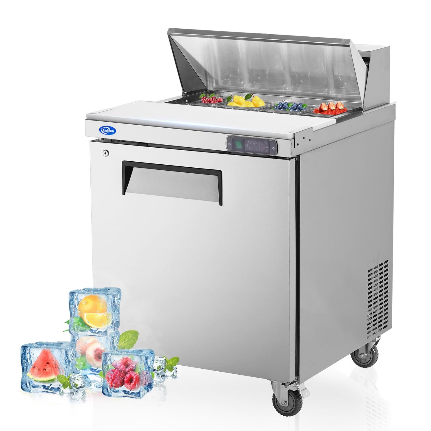 kalifon 27" W 1 Door Refrigerator Sandwich Salad Prep Table Commercial Stainless Steel Fan Cooling Refrigerator with Cutting Board, 1 Shelves & 8 Pans for Restaurant, Bar, Shop-7.4 Cu.ft