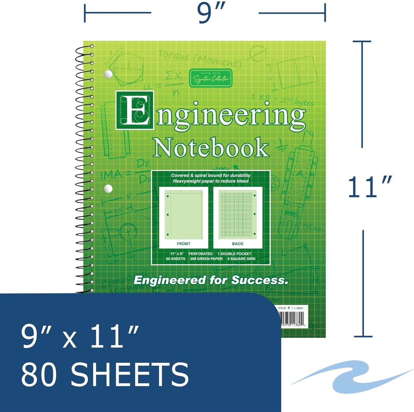 Roaring Spring Engineering Notebook, 8.5" x 11", Spiral Bound, 80 Sheets Heavy 20# Green Tinted Paper, Proudly Made in The USA (Case of 24)