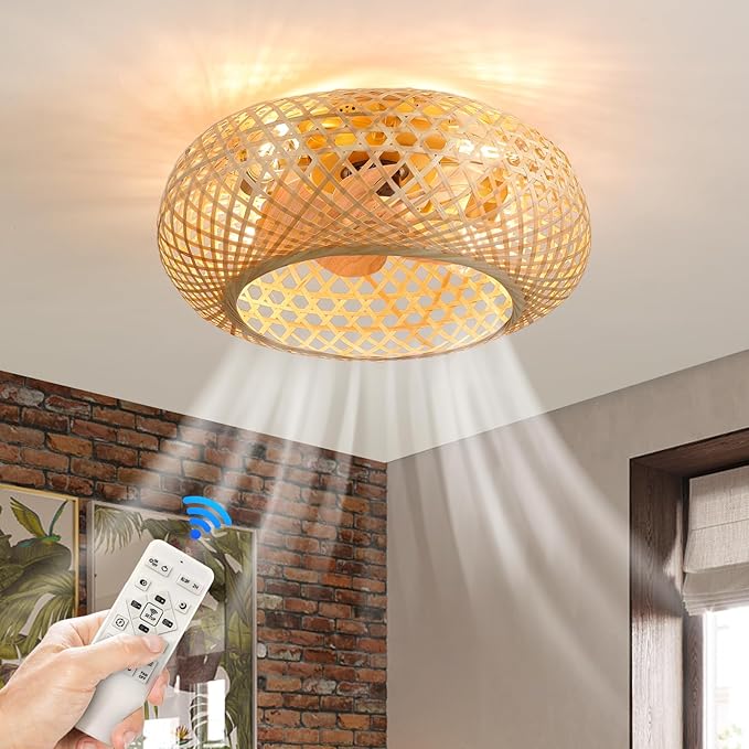 NicBex Ceiling Fan 20 Inch Ceiling Fans with Lights Bamboo Woven Ceiling Fan with Blades and Remote Control Flush Mount Ceiling Fans for Bedroom, Living Room, Natural