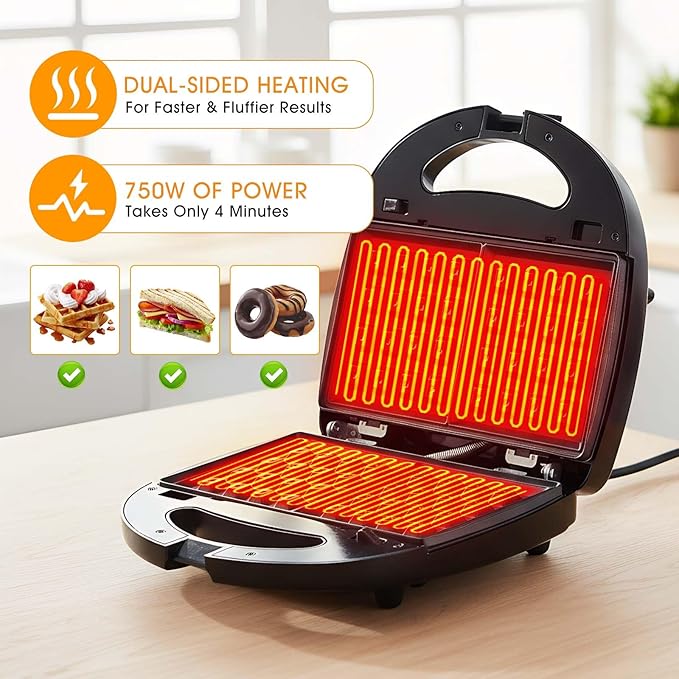3-in-1 Mini Waffle Maker with Non-Stick Plates, Electric Sandwich Maker, Mini Donut Maker, Breakfast Sandwich Maker Press with Removable Plates, Compact Design & Adjustable Temperature Knob