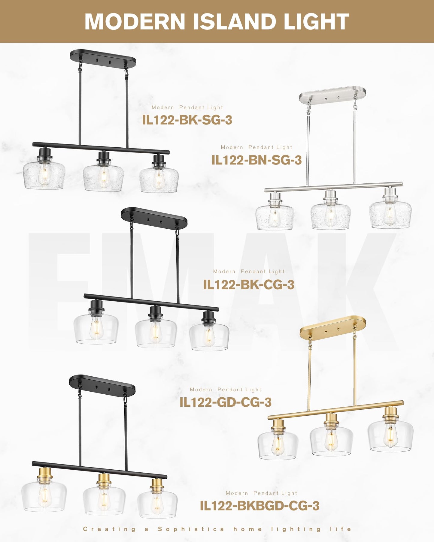 Emak Gold Kitchen Island Lighting  3-Light Dining Room Light Fixtures Over Table With Clear Glass Shade  Modern 32 Inch Island Lights For Kitchen  Dining Room  Bar  Il122-Gd-Cg-3