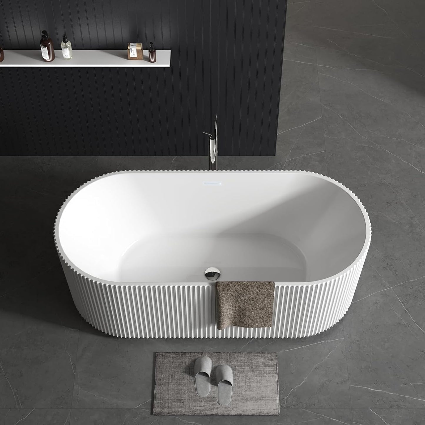 Garvee 59" Acrylic Freestanding Bathtub, Modern Soaking Tub with Matte Drain and Black Overflow, Stripe White, Deep Ergonomic Design, Double-Walled Insulation, cUPC Certified Bath Tub