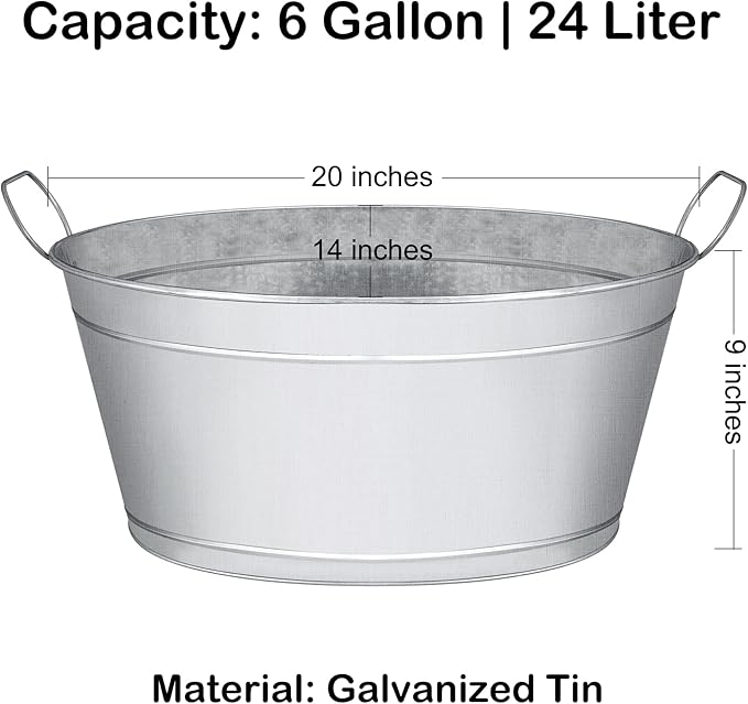 Large 6-Gallon Galvanized Tin Beverage Tub with Handle, Rust-Resistant Metal Beer Bucket for Ice, Drinks and Beer Bottles, Lightweight and Durable, 20x14x10 inches (Pack of 2)