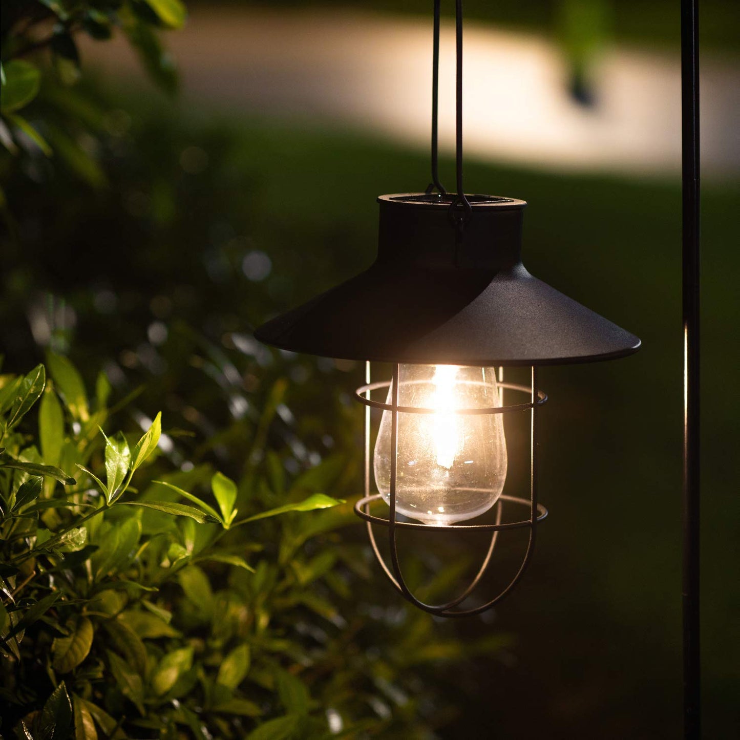 EKQ 2 Pack Hanging Solar Lanterns with Shepherd Hook, Waterproof Edison Bulb Lights, Black