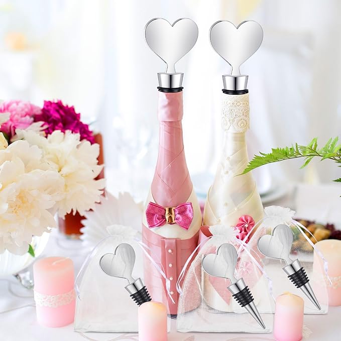 Blank Heart Shape Wine Stopper Stainless Steel Beer Stopper Blank Board Stopper with White Sheer Organza Bags Wedding Favor for Guests Wine Party Gifts Bridal Shower(Silver,36 Sets)