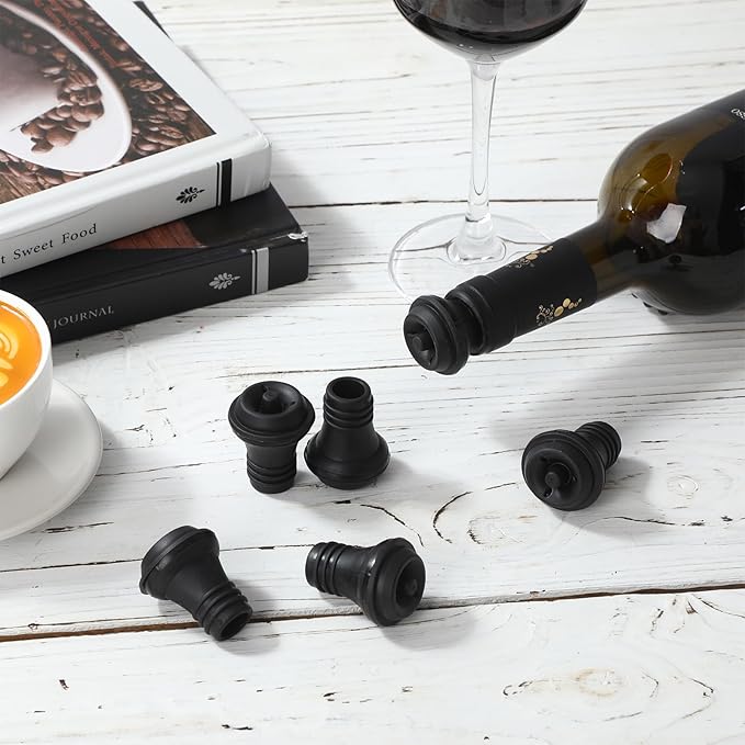 Honoson Wine Stopper Resealable Wine Pump Vacuum Stoppers Vacuum Wine Stopper Silicone Wine Saver Stoppers Practical Wine Saver Stoppers for Kitchen Supplies Wine Bottle Tools (Black,6 Pieces)