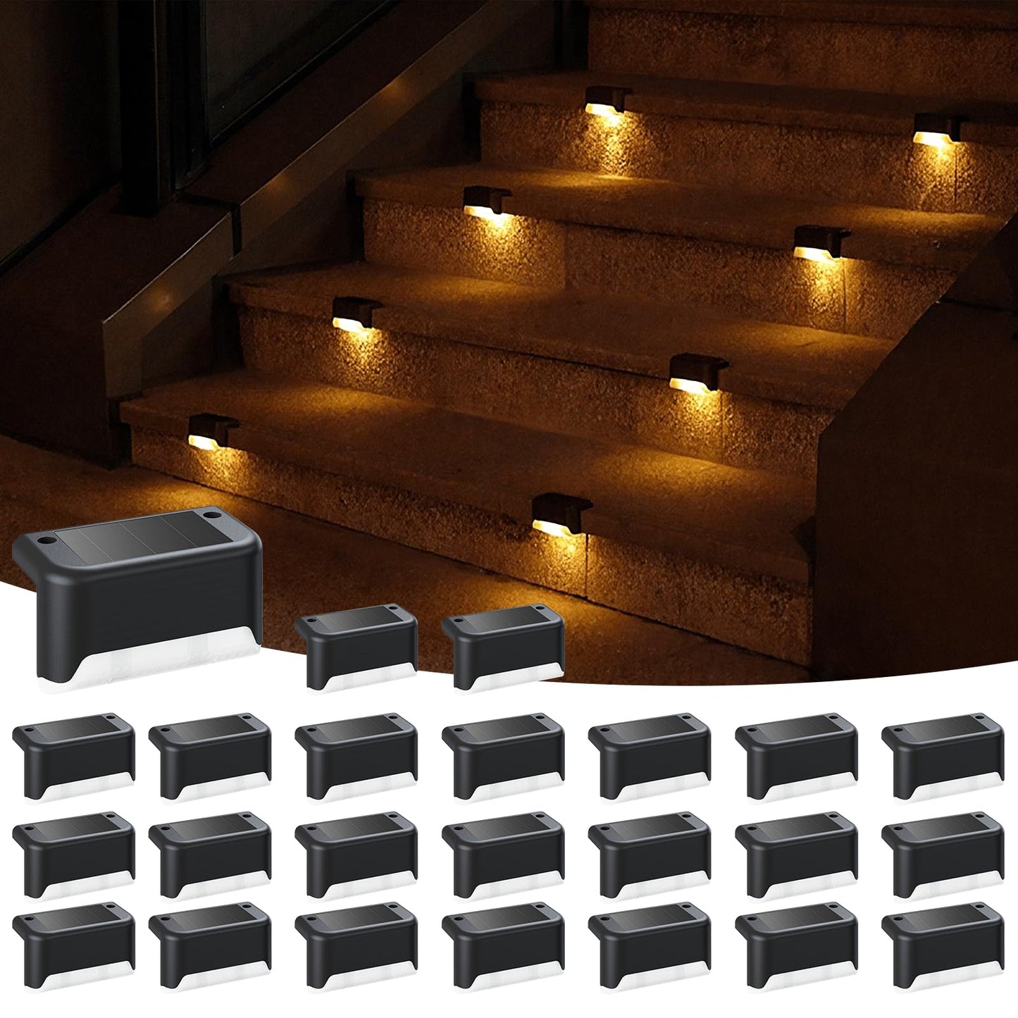APONUO Solar Deck Lights 24 Pack Black, Waterproof Outdoor Lighting for Steps, Fences, Patios, and Gardens, Model 18346BDR-B-24PK