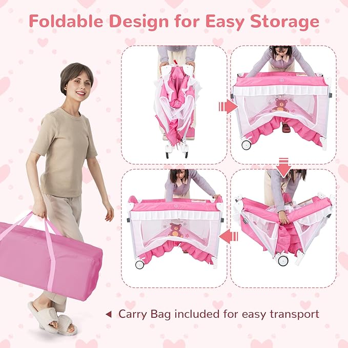 HONEY JOY 4-in-1 Pack and Play with Canopy, Portable Baby Playard w/Changing Table and Infant Bassinet, Cute Toys & Music, Foldable Bassinet for Newborn and Toddler (Hot Pink)
