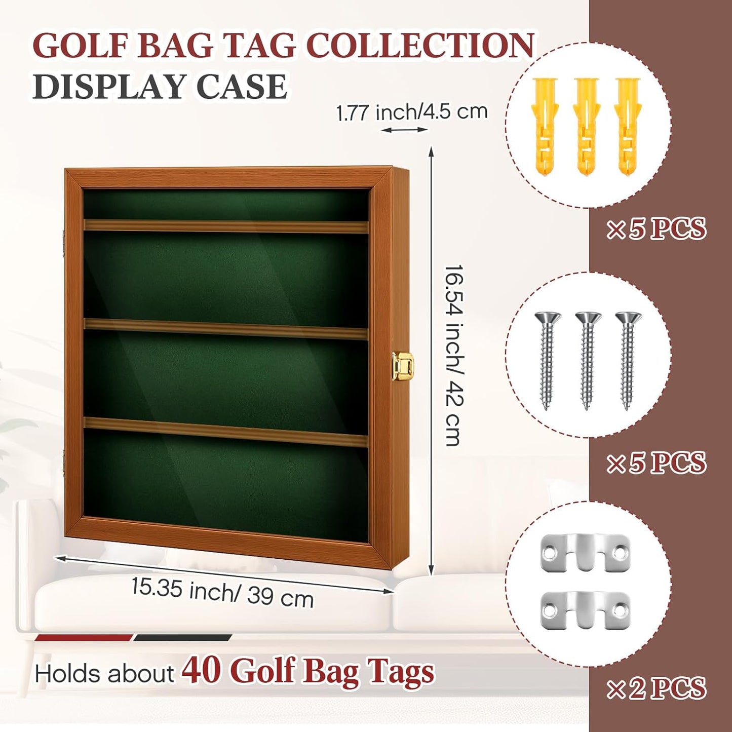 Golf Bag Tag Collection Display Case Holds 40 Bag Tags 16.54 x 15.35 x 1.77 Inch Wall Mount Wooden Shadow Box W/98% UV Acrylic Door Lockable Storage Display Box for Collection