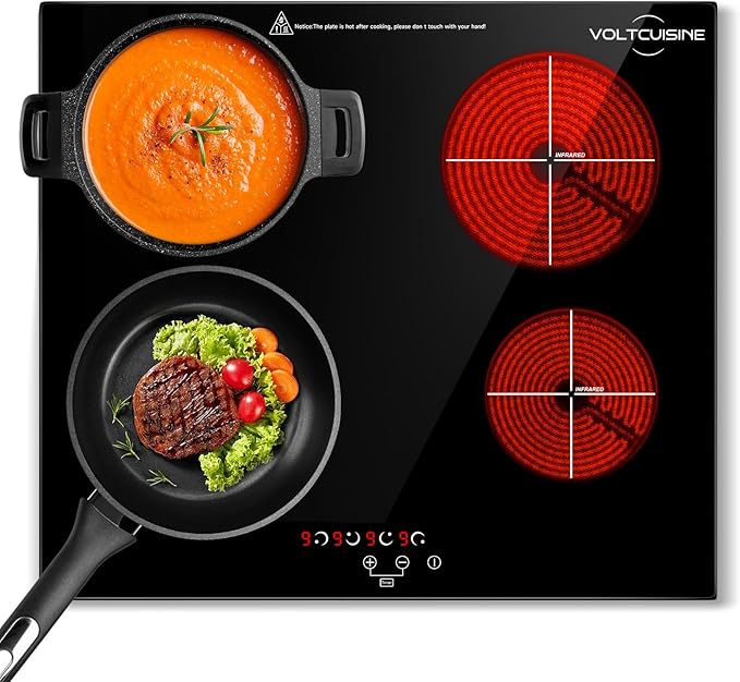 24" Electric Ceramic Radiant Cooktop, 6000W Built-in 4 Burner Stove Top with 9 Heat Levels, Timer & Child Safety Lock, Hard-Wearing Glass Surface (220–240V)