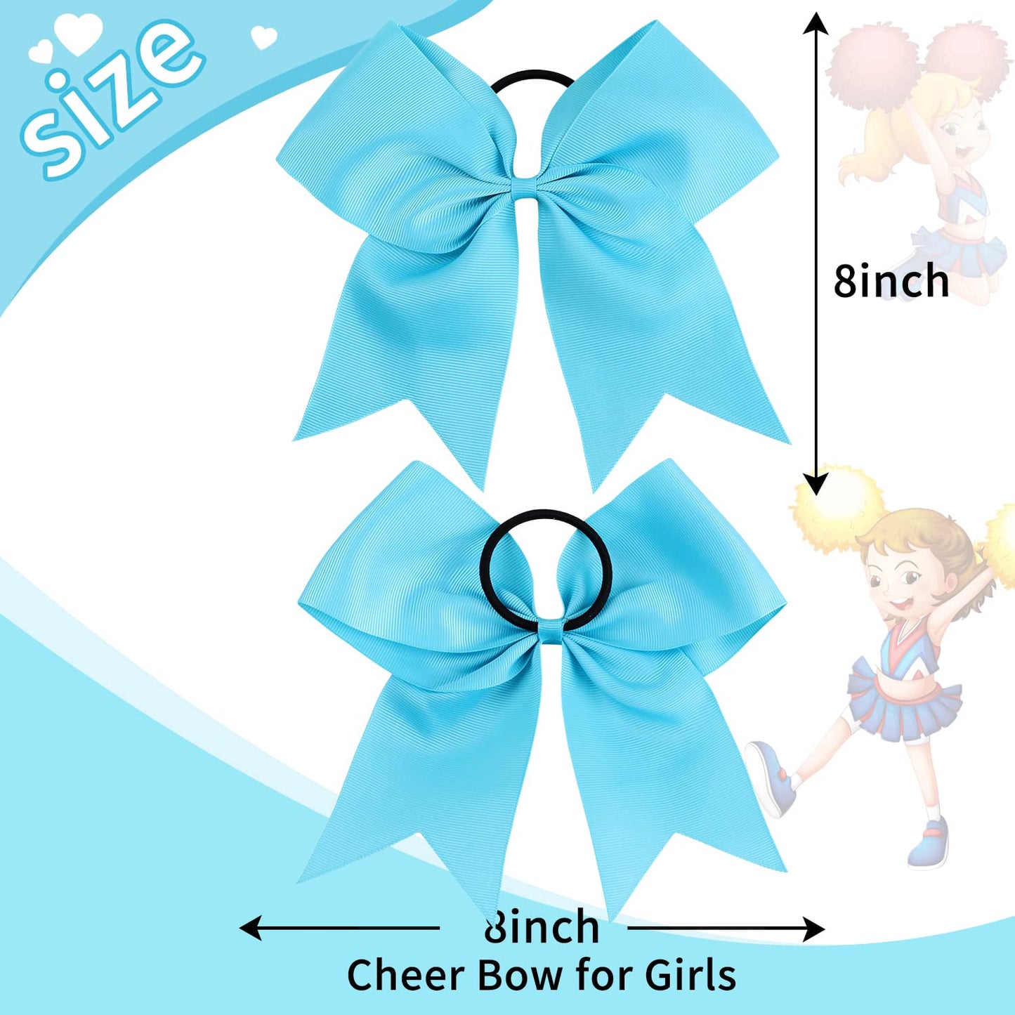 16PCS 8 Large Cheer Hair Bows Ponytail Holder Elastic Band Handmade for Cheerleading Teen Girls College Sports (Sky Blue, 1 Coun