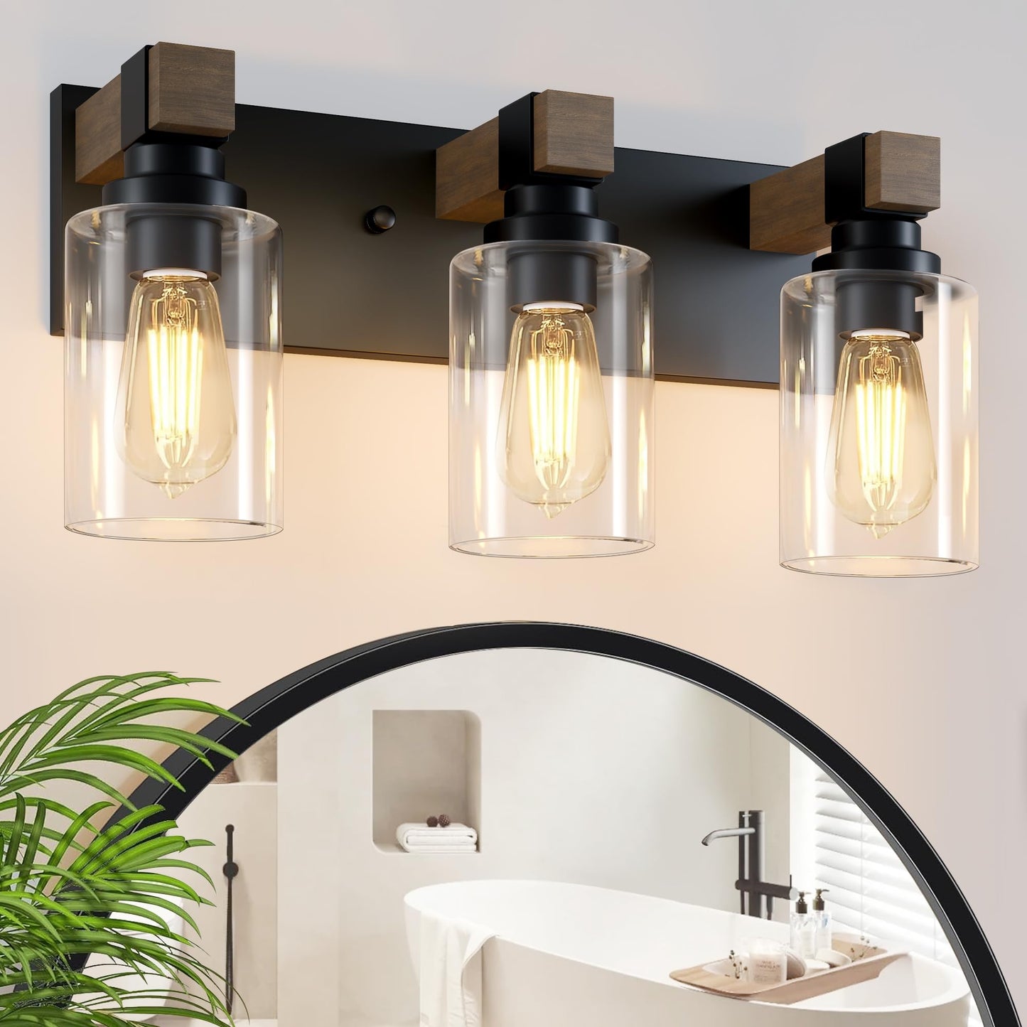 Farmhouse Bathroom Vanity Light Fixtures  Rustic 3-Light Wood Vanity Lights For Bathroom  Vintage Black Wall Sconces Lighting  Light Fixtures Over Mirror  With Glass Shade