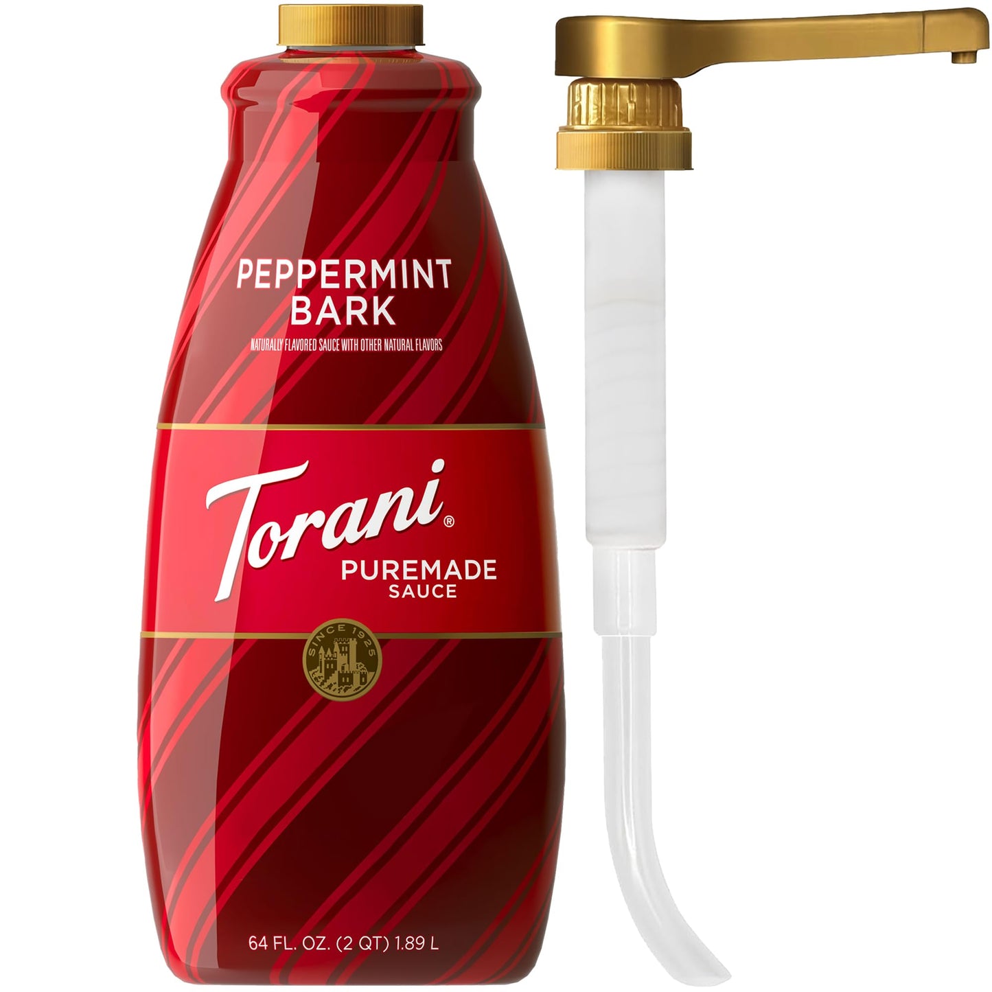 Torani Puremade Peppermint Bark Sauce for Coffeehouse Drinks and Desserts  Large 4lb Bottle  Pump Included  64 Fl Oz