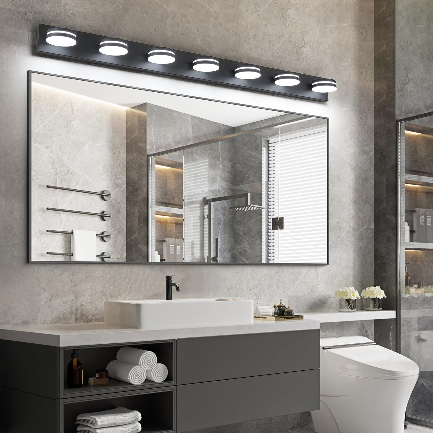 Bicrink 7-Light Bathroom Vanity Light Over Mirror  Matte Black Led Vanity Lighting Fixtures  Modern Bathroom Wall Light Fixtures With 360Rotating Lamp Head (Cool White 5500K)
