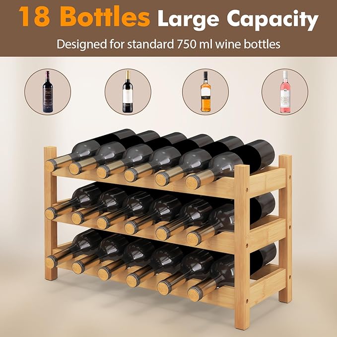 Giantex Bamboo 3-Tier 18-Bottle Wine Storage Cabinet Shelf, Small Countertop Wine Organizer for Kitchen, Bar, Pantry & Wine Cellar, Natural