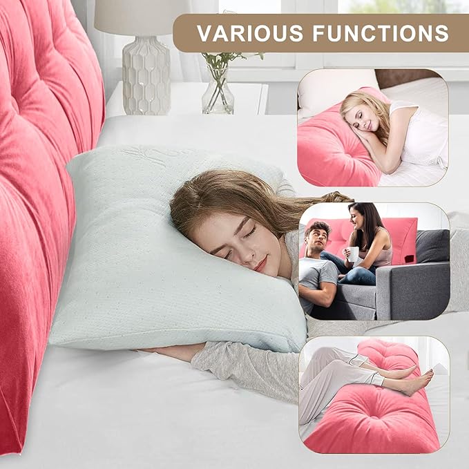 Large Triangular Headboard Pillows Long Backrest Positioning Support Bolster Cushion for Daybed Fluffy Quality Plush Body Wedge Pillow with Removable Cover(Pink -Queen-59x8x20in)