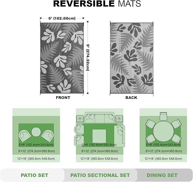 wikiwiki Outdoor Rug, 6x9ft Waterproof Reversible Mat Indoor Outdoor Rugs Carpet, Small Area Rug Plastic Straw Rug for Patio Deck Balcony Pool RV Camping Beach Picnic, Grey Leaves, Rugscape Series