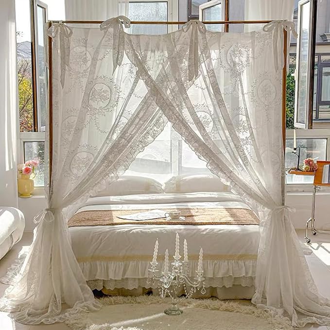 Elegant Lace Princess 4 Corner Post Mosquito Net Romantic for Girls Women Bed Curtain Canopy for Adult Wedding Bedroom Kids Rooms Decoration (Color-A, Full)